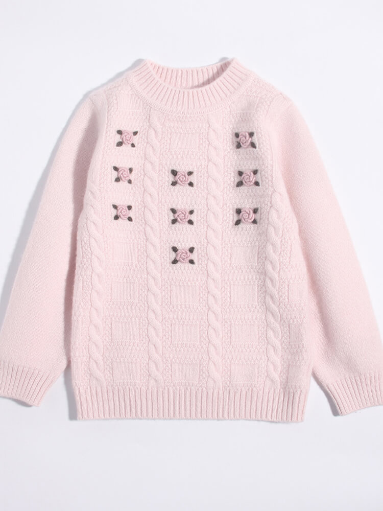Pink Rose Embroidered Girls Cozy Cable Knit Cashmere Sweater